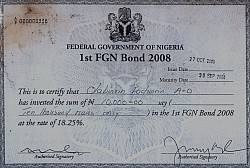1st Federal Government of Nigeria issued Bond Certificate